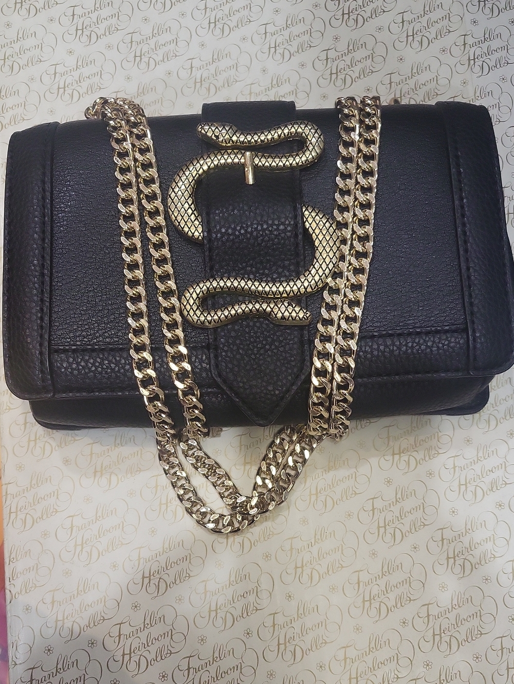 Black Leather Chain Shoulder Bag with Gold Snake Accent